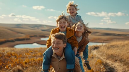 Little cute boys sit on the necks of their mother and father and whirl with them. They are on a hike, you can see a field, a reservoir and a wide sky. The family is having fun hyper realistic 
