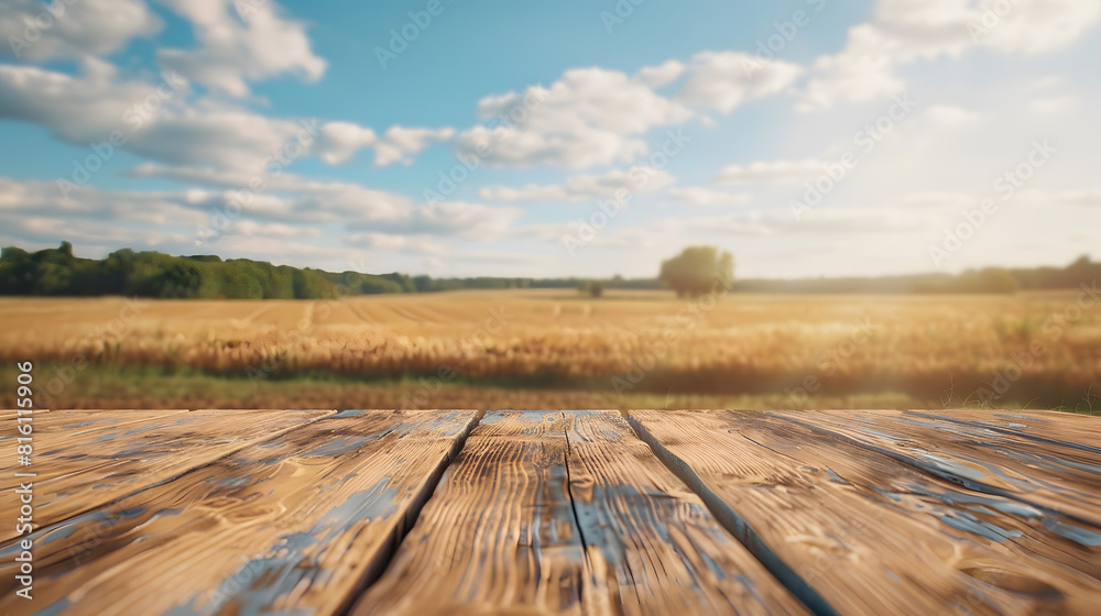 Poster the empty wooden brown table top with blur background of farmland and blue sky exuberant image : gen