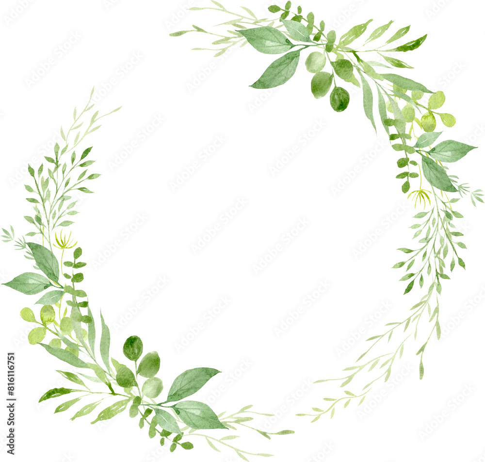 Wall mural greenery watercolor wreath. foliage frame. watercolor decoration for you design. - Wall murals