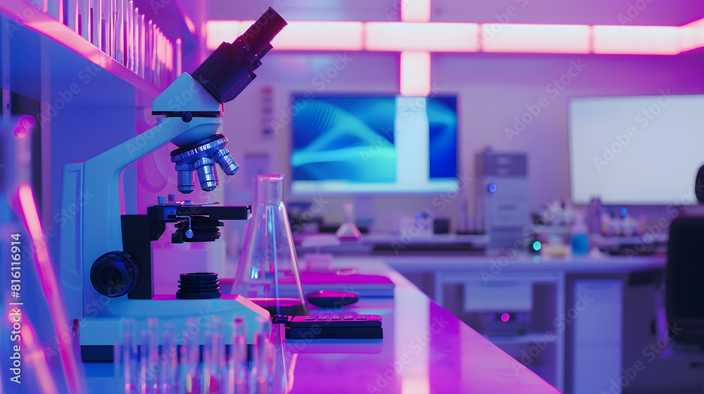 Aufkleber Modern Empty Biological Applied Science Laboratory with Technological Microscopes Glass Test Tubes Micropipettes and Desktop Computers and Displays PCs are Running Sophisticated DNA Ca : Generative AI