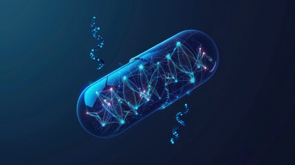 pill with DNA inside low poly wireframe on dark blue The concept of medicine that contains DNA or genes or genetic elements that are produced as a medicine is produced as a medicine. hyper realistic 
