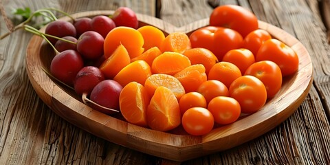 Naklejka premium Heart-shaped Plate with Fresh Fruits and Vegetables Encourages Healthy Eating Choices. Concept Healthy Eating, Heart-shaped Plate, Fresh Produce, Nutrition, Lifestyle Choices