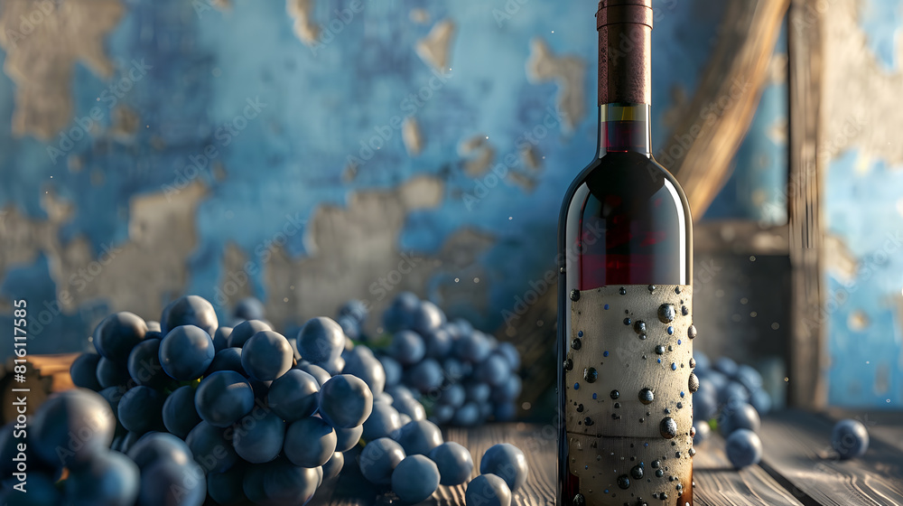 Poster bottle of red wine with old empty label in the background old weathered snag and blue grapes : gener