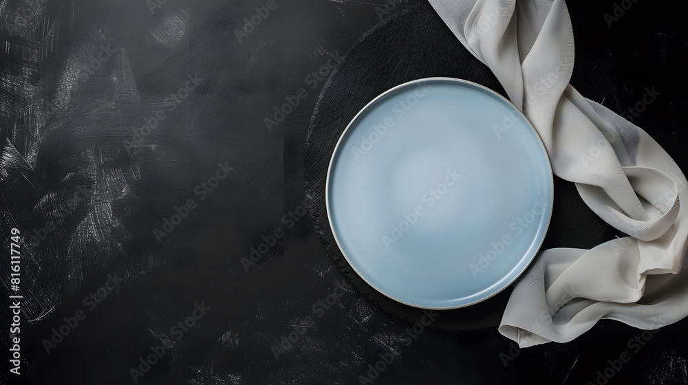 Poster blue table cloth with a plate on black chalkboard background flat lay top view : generative ai