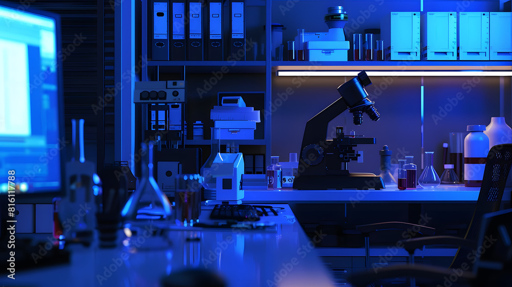 Aufkleber Modern medical research laboratory Empty workplace of a scientist or researcher with computers microscope test tubes flasks and magnifying lamp Dark biochemical laboratory in the blue  : Generative AI