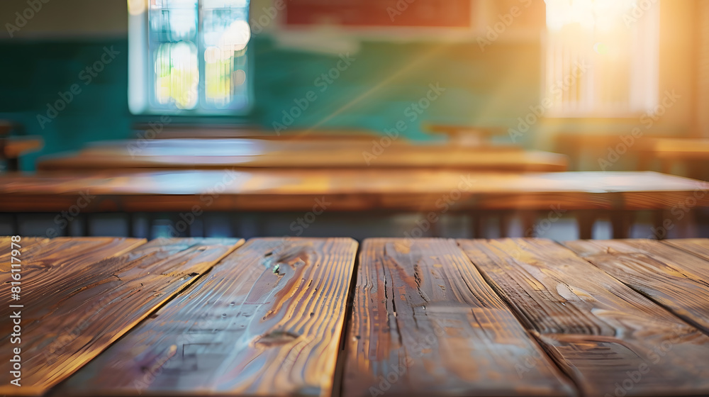 Aufkleber Rustic wooden table in a classroom setting perfect for displaying educational products or designs Tabletop view on blurred background with empty tables and atmospheric light Flawless : Generative AI