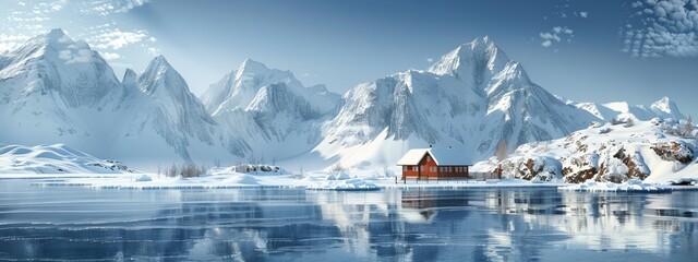 mountain winter landscape. frozen lake, white snow-capped mountains and cloudless sky, red house near lake