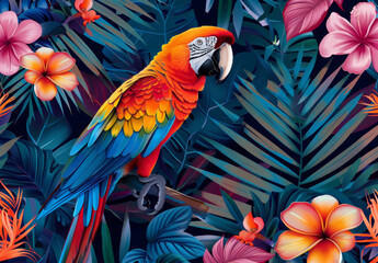 Obraz premium Tropical exotic pattern with macaws and flowers in bright colors and lush vegetation