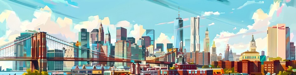 Fototapeta premium Vibrant Cityscape Illustration with Iconic Bridges and Skyscrapers, Cartoon Style Urban Panorama. Perfect for Background or Wallpaper Usage. AI