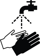 Wash hand sign. Hands under faucet food safety pictorial.