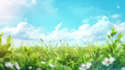 Summer sunny background with blue sky and green meadow. hyper realistic 