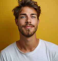 Obraz premium Front view portrait of young man with beard on yellow background