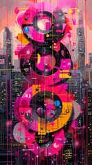 Pink abstract painting with cityscape backdrop