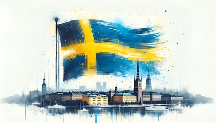 Grunge illustration for sweden national day with stockholm city skyline and large swedish flag.
