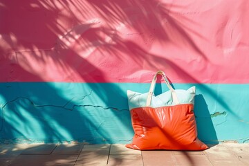 orange and blue beach bag against a pink wall, summer vibes