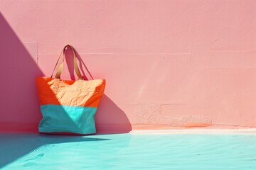 orange and blue beach bag against a pink wall, summer vibes