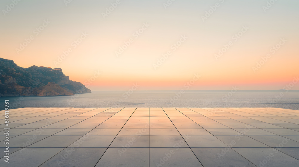Aufkleber empty square floor and mountain with sea at sunset : generative ai