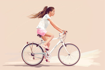 A girl is riding a bicycle with her hair blowing in the wind