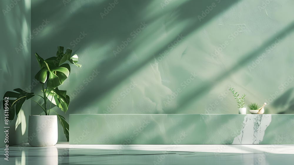 Aufkleber Green Bg Kitchen Background Floor Backdrop Empty Counter Podium Environment Shadow Leaves Plant Minimal Desk Studio Room Wall Pattern Abstract 3d Summer spring Table Space Marble Mocku : Generative AI