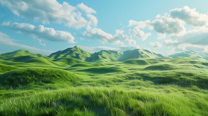 Fototapeta premium Surreal Grassland Mountain: A Verdant 3D Rendered Landscape