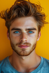Fototapeta premium Front view portrait of young man with beard on yellow background