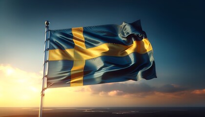 Sweden national day background with a flag of sweden waving at sunset.