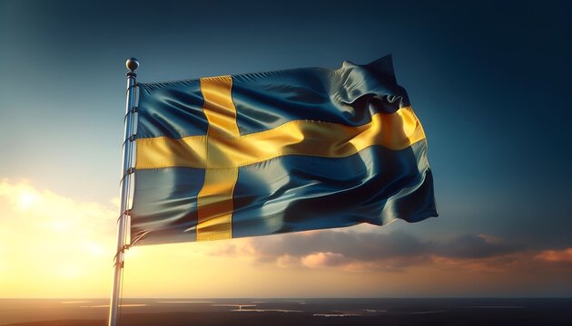 Sweden national day background with a flag of sweden waving at sunset. - Powered by Adobe