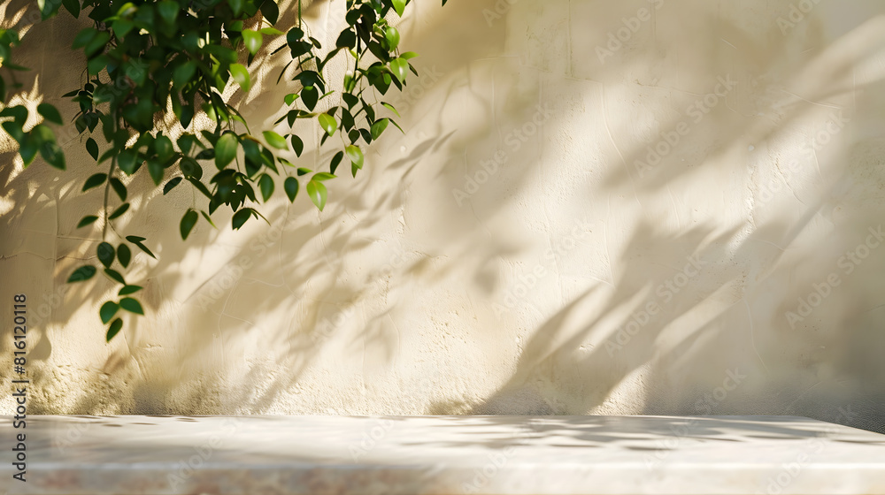 Poster minimal empty white marble stone counter table top green tree in sunlight leaf shadow on beige brown