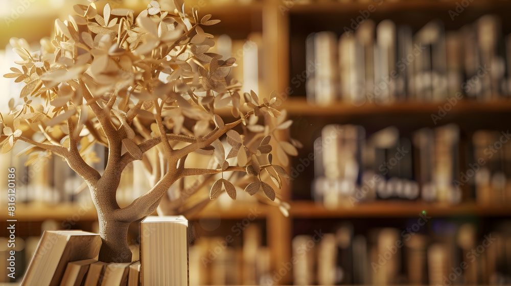 Poster wooden tree with books on blur background of library with bookshelf flawless : generative ai