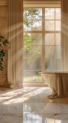 Elegant bathroom with marble tiles and a hot, sunlit view through large windowsphoto realistic, natural lighting, high resolution photography