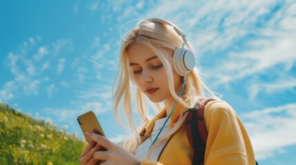 Young blonde woman listening to music on her smartphone on a sunny day outdoors. hyper realistic 