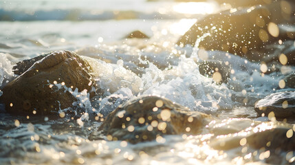 Summer beach with rocks and splashing waves : Generative AI