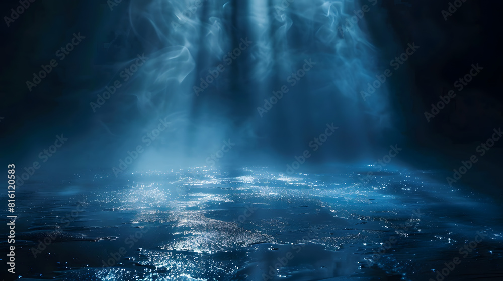 Poster dark street wet asphalt reflections of rays in the water abstract dark blue background smoke smog em