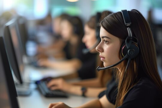 Focused young woman with headset working in a busy call center
