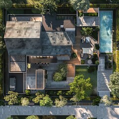 Aerial View of Luxurious Villa House with Pristine Pool and Extensive Yard