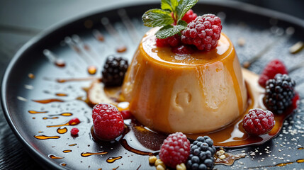 Close-up of dessert on a white plate, strewn with raspberries and garnished with mint.