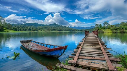 Obraz premium Picturesque Lake Landscape Captured with Row Boat and Vintage Wooden Dock