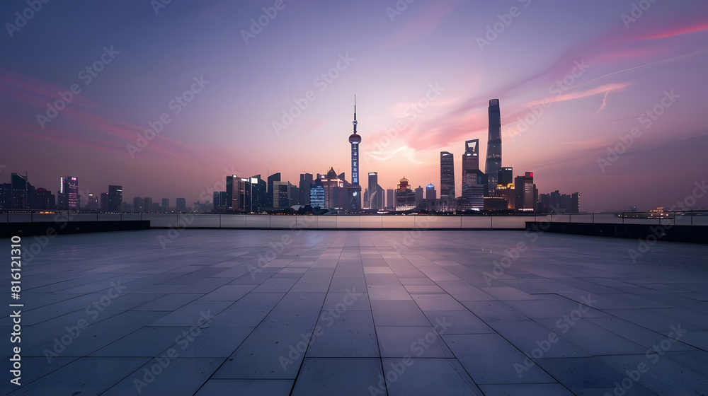 Poster empty square floor and bridge with city skyline at sunset in shanghai china : generative ai