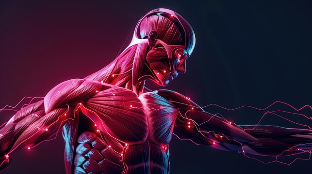 human muscle anatomy of chest, arms, and abdominals with electrical impulses