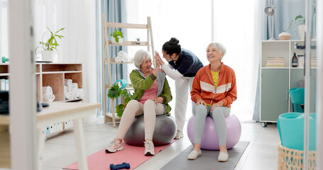 Senior woman, fitness and together with high five, personal trainer and exercise ball with workout...