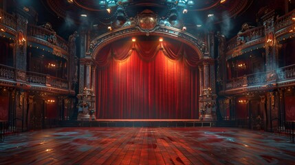 Majestic vintage theater stage with red curtain