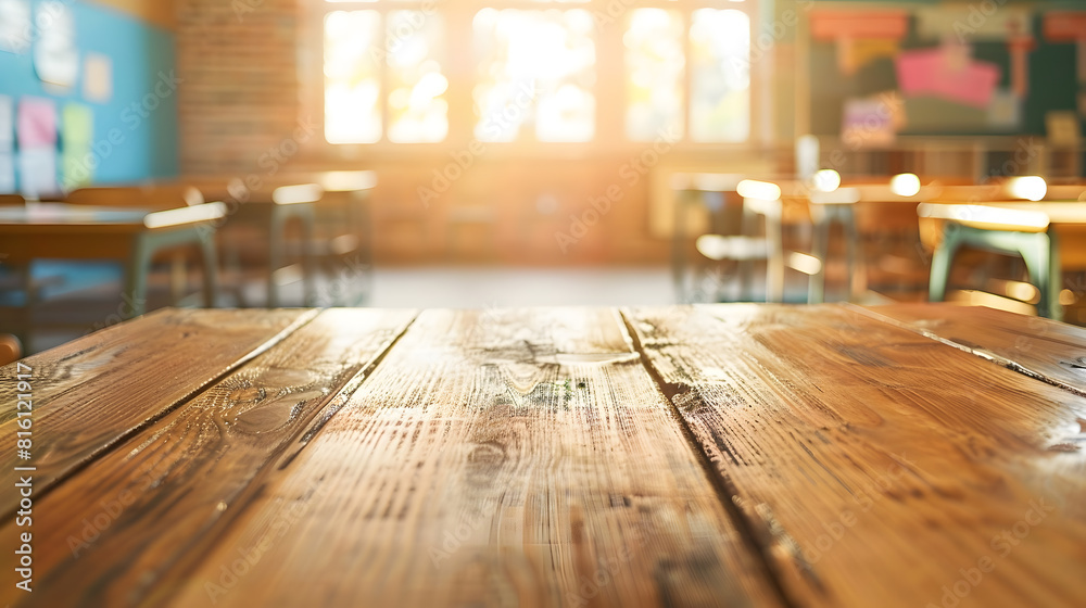 Aufkleber Rustic wooden table in a classroom setting perfect for displaying educational products or designs Tabletop view on blurred background with empty tables and atmospheric light Flawless : Generative AI