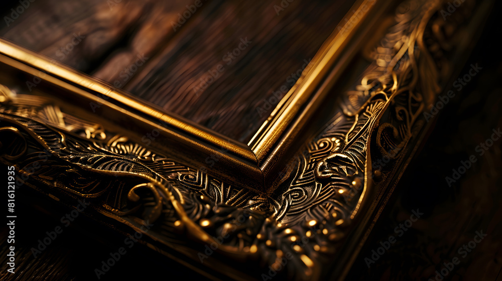 Poster antique wooden photo frame with guilded pattern isolated border : generative ai