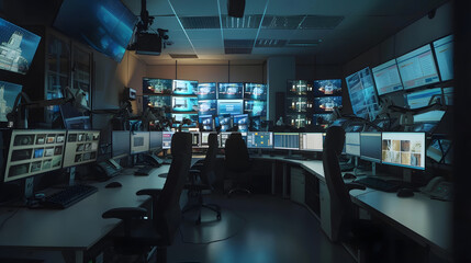 Control room monitoring surveillance video camera control city  Empty space dark room office full of screen device from secret service public safety computer station center No people i : Generative AI