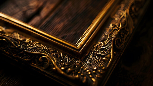 Antique wooden photo frame with guilded pattern isolated border : Generative AI
