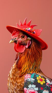 Fashionable chicken in stylish hat on red background