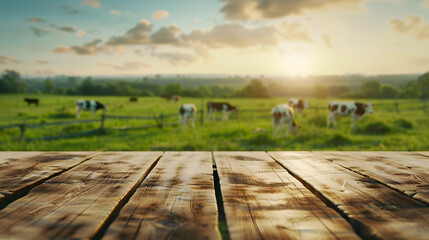 Obraz premium Empty wooden table top with grass field and cows background : Generative AI