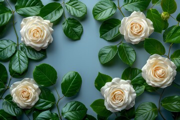 Serene White Roses and Green Leaves on Cool Blue Background