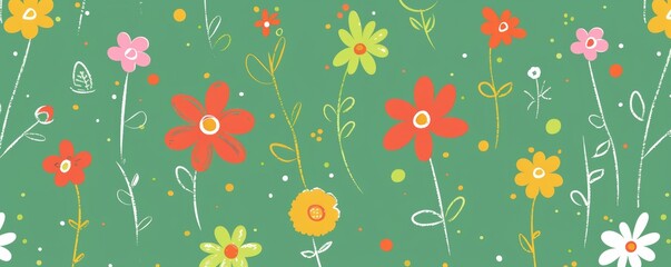 Colorful floral pattern on green background