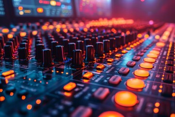 Obraz premium Detailed image of a professional sound mixing console with glowing buttons and faders in a music studio